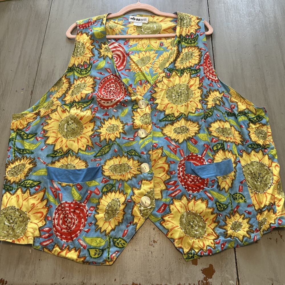 Vtg We Be Bop Sunflower Button Up Beaded Vest Sz 2X 90s Mom Core Bright Country